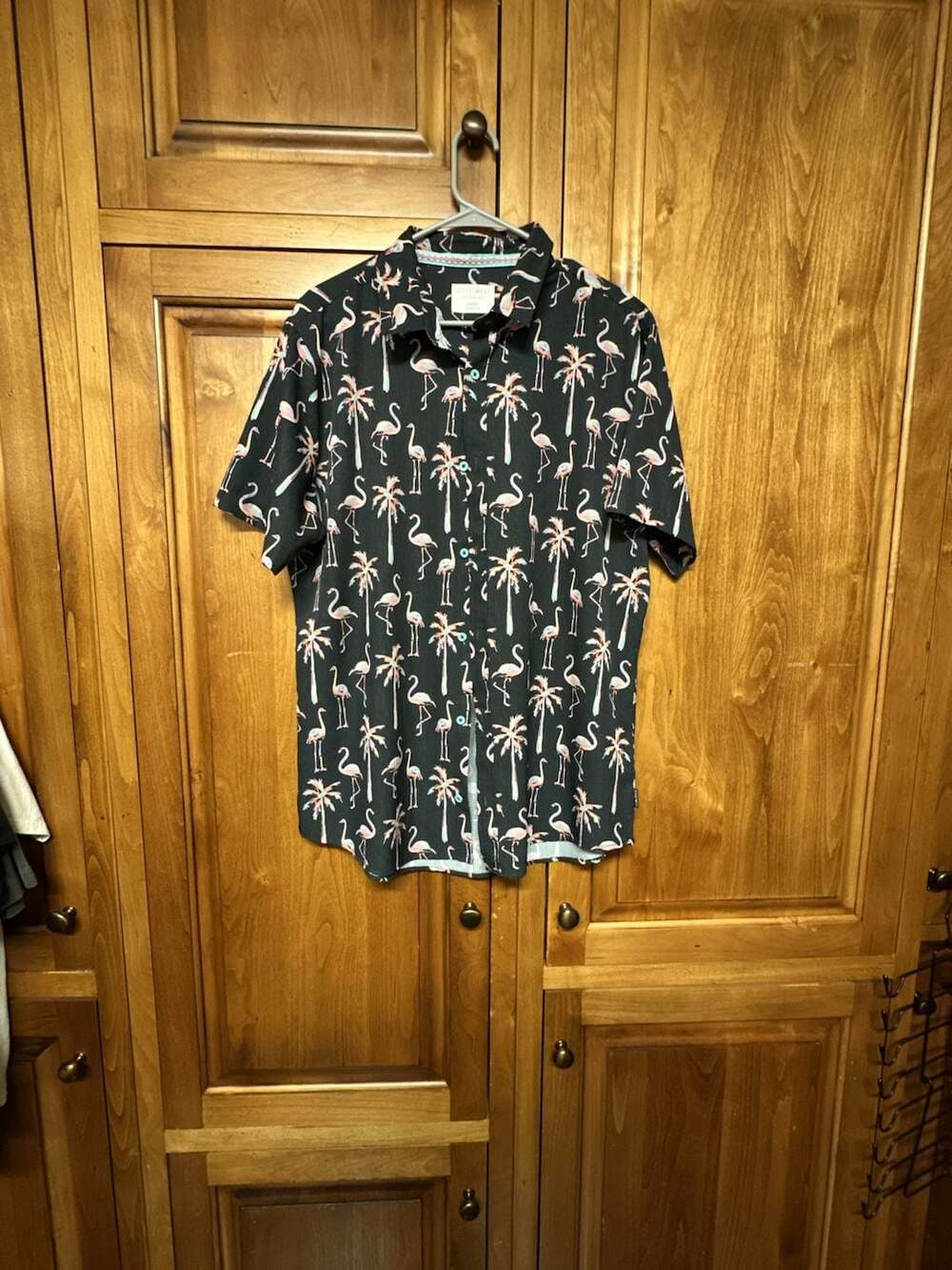 Departwest Performance Men's Black Flamingo Palm Tree Print Short Sleeve Button